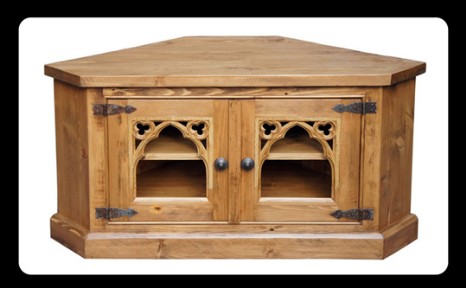 Minster Gothic Rustic Corner TV / Media Stand / Cupboard (Antique Pine Stain)