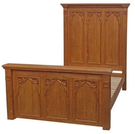 Minster Gothic Classic Style “Sheppard” Bed with extra-tall headboard. (Antique Pine Stain)